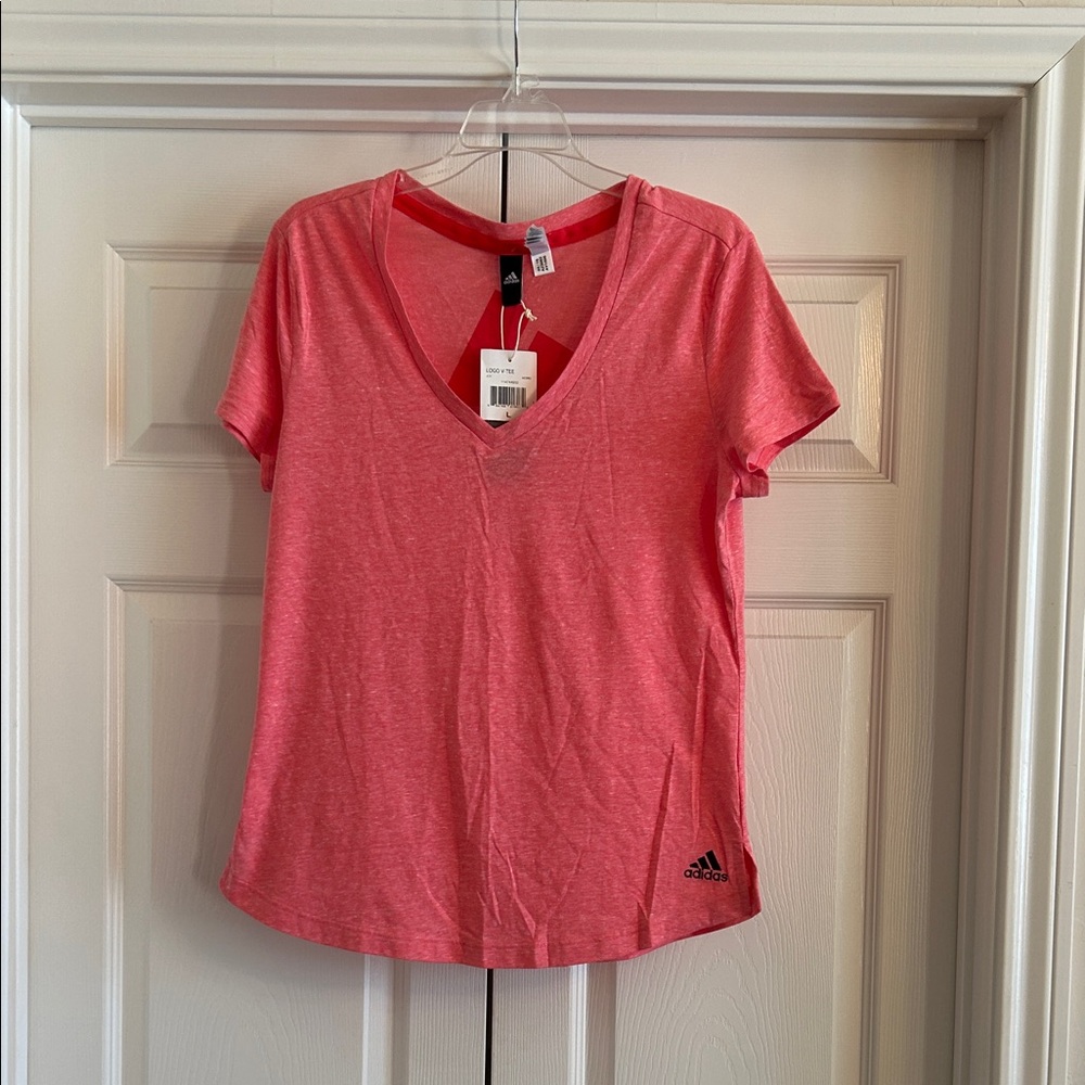 NWT: Adidas Women's Pink V-Neck Work Out Short Sleeved Top